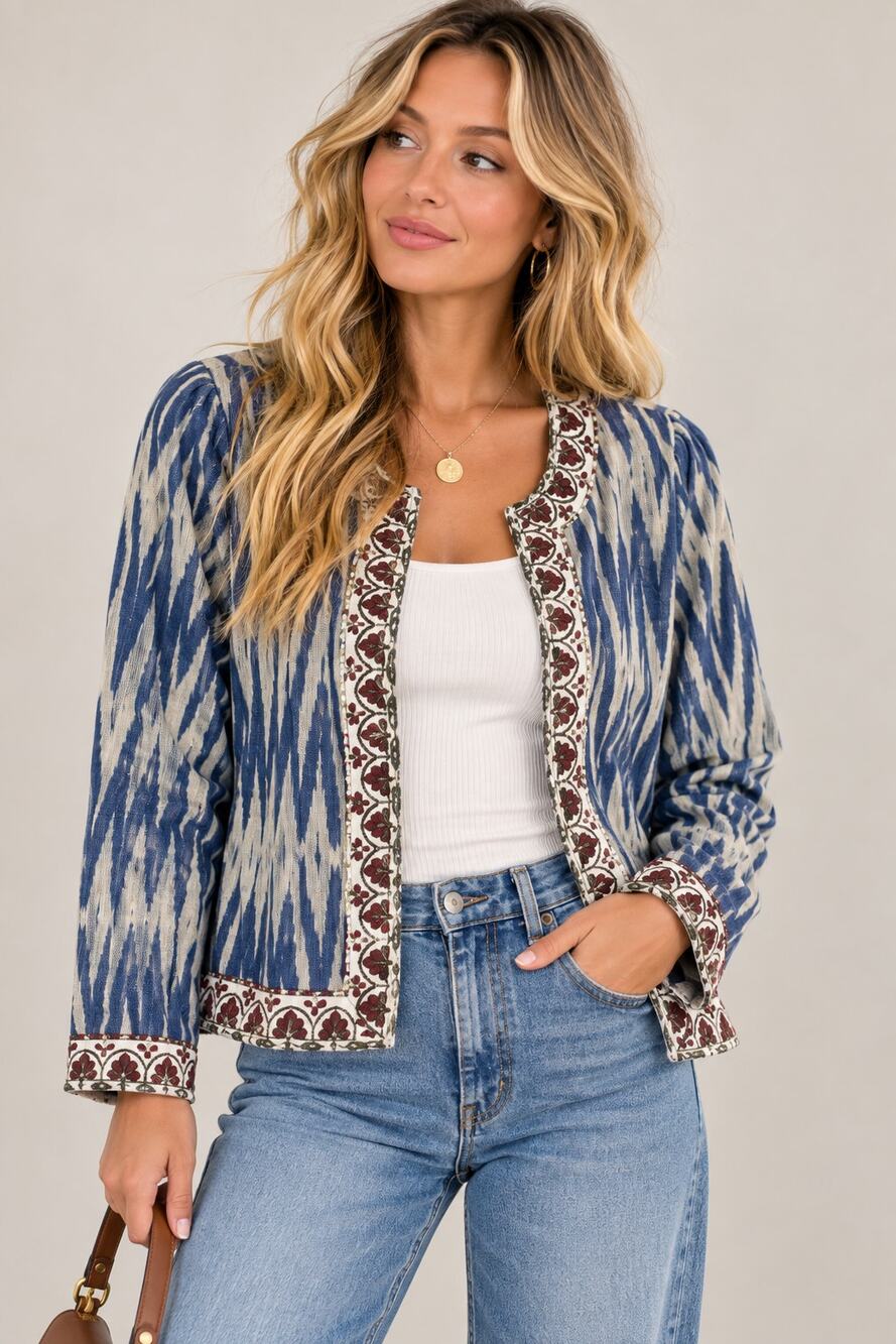 Sundance Blue Amara Ikat Print Open Jacket Womens XS Boho Casual Fall Beaded
